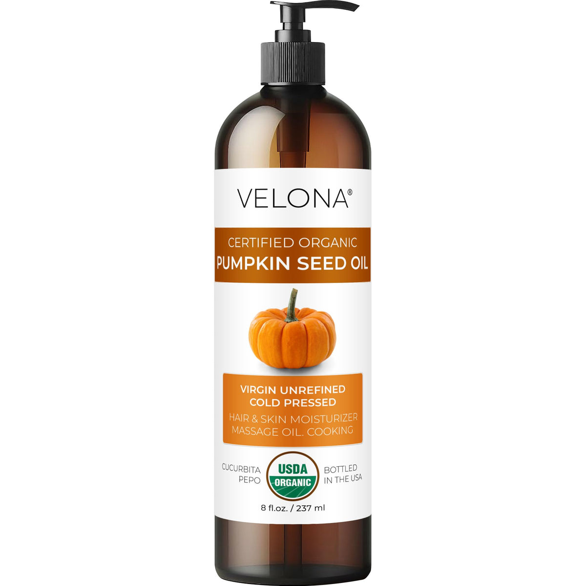 Velona pumpkin seed oil bottle with pour spout for easy salad dressings.