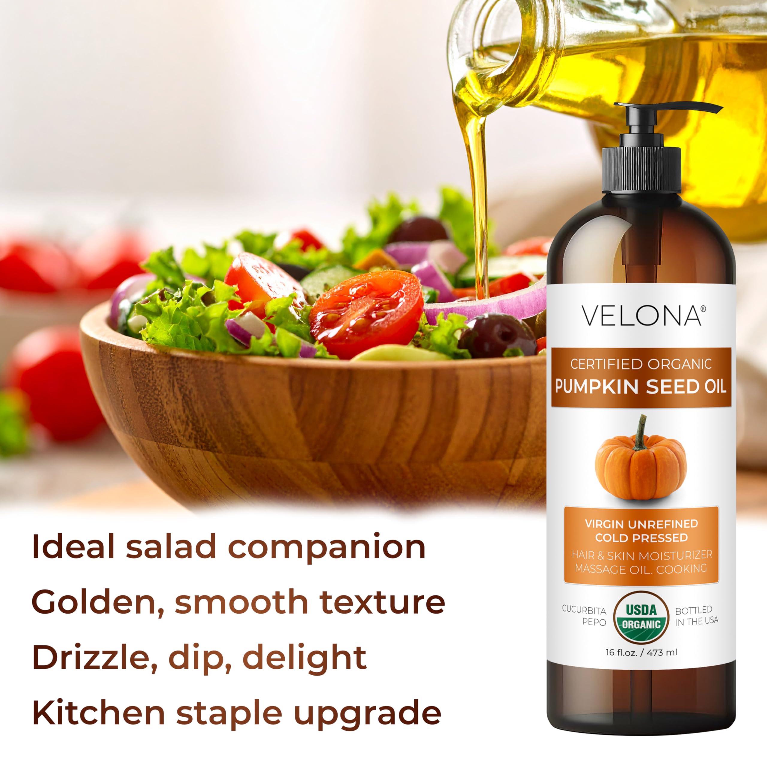 Velona pumpkin seed oil closeup reveals deep olive-orange hue and nutty aroma.