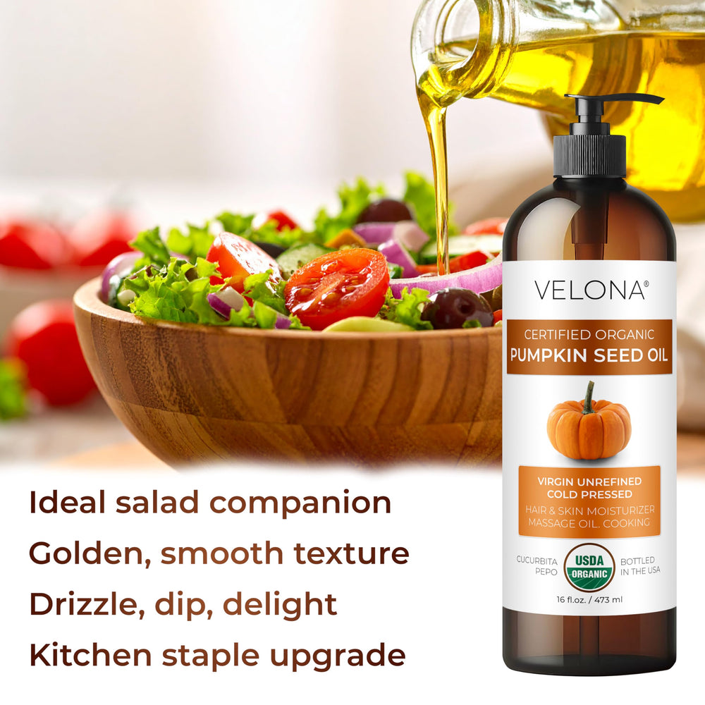 Velona pumpkin seed oil closeup reveals deep olive-orange hue and nutty aroma.