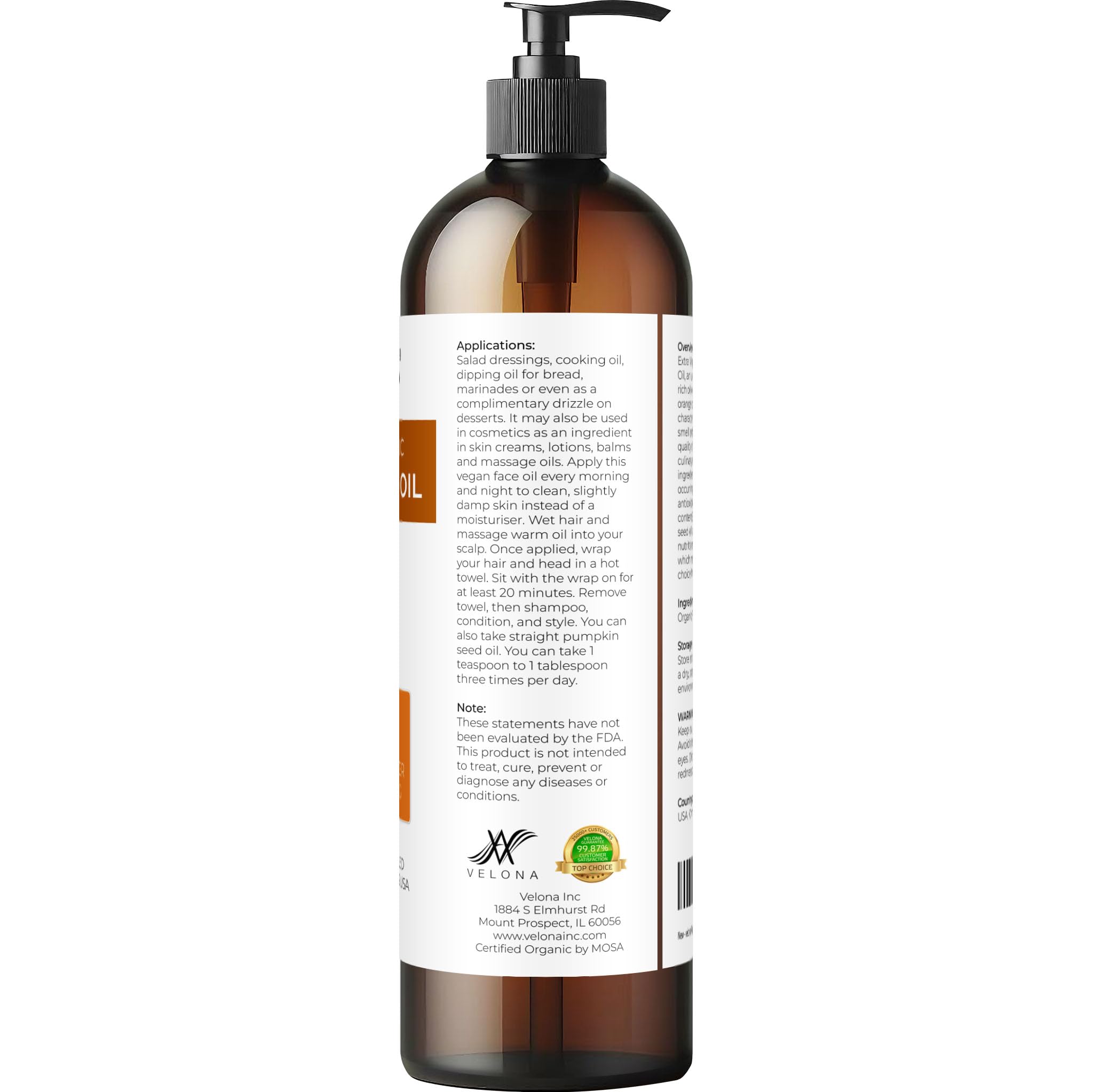 Velona pumpkin seed oil glass bottle emphasizes cold-pressed purity for skin and hair care.