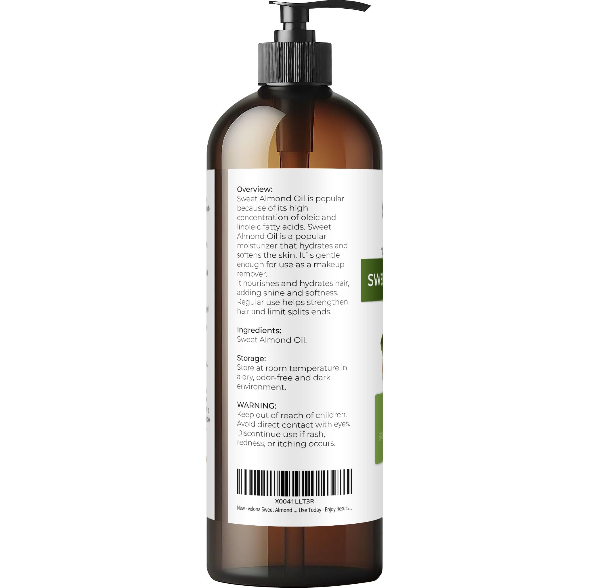 Velona Sweet Almond Oil pour bottle highlights a silky, lightweight carrier oil.
