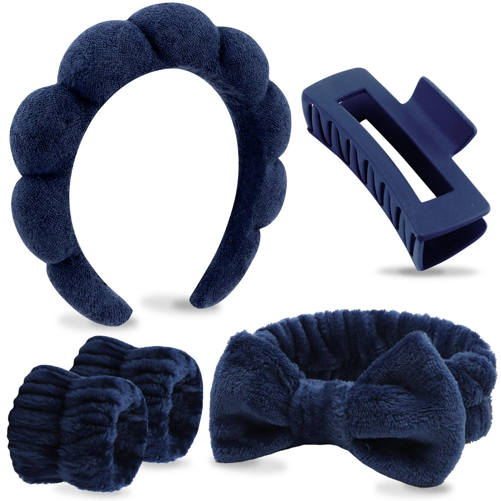 VELSCRUN diadema spa azul oscuro con lazo, facilita lavado facial sin enredos