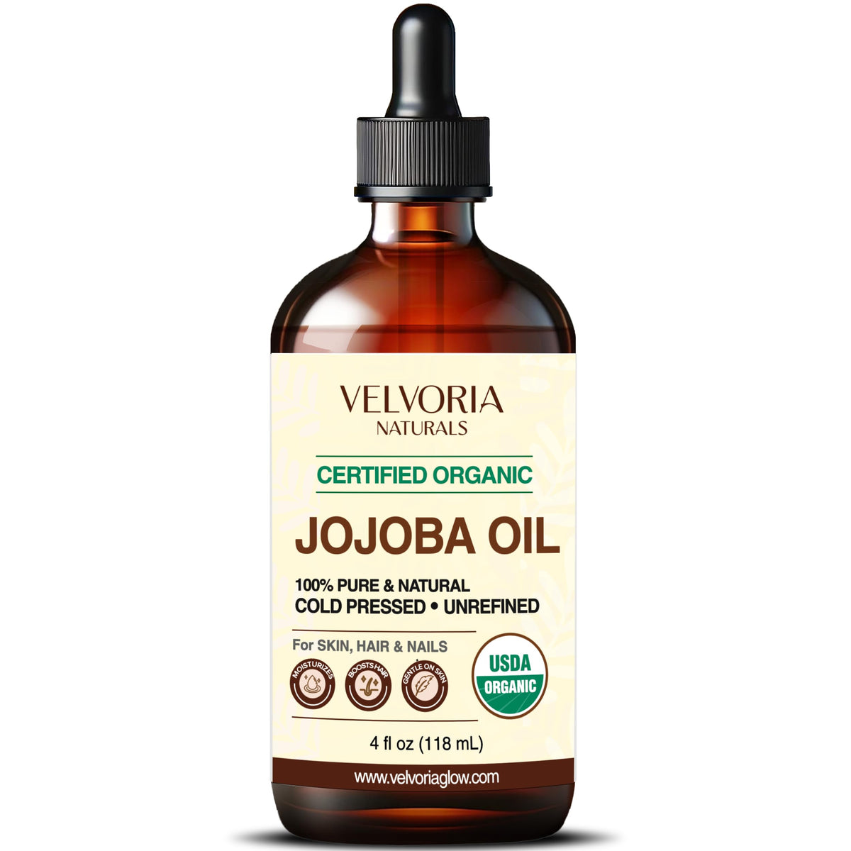 Botella de vidrio ámbar Velvoria Naturals con aceite de jojoba puro para piel y cabello