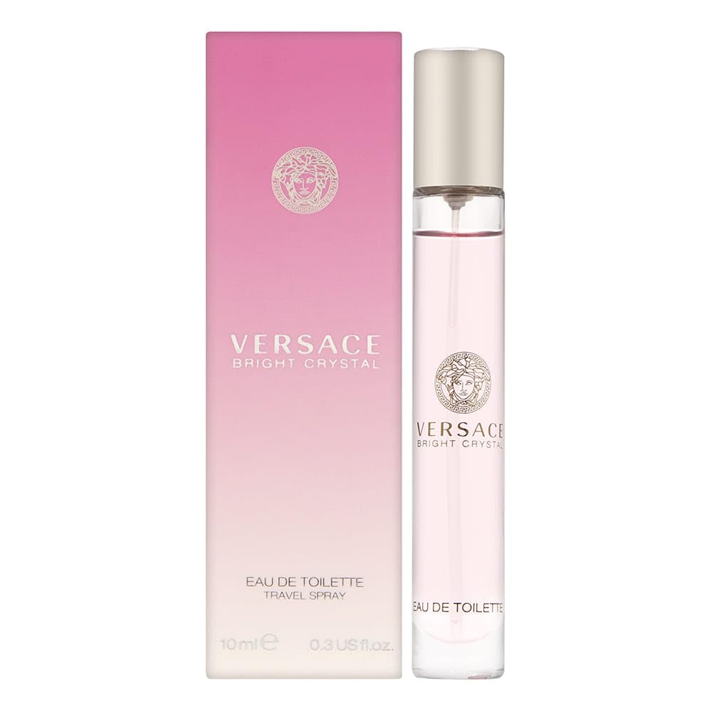 Versace Bright Crystal bottle close-up, elegant pink bottle for daily wear.