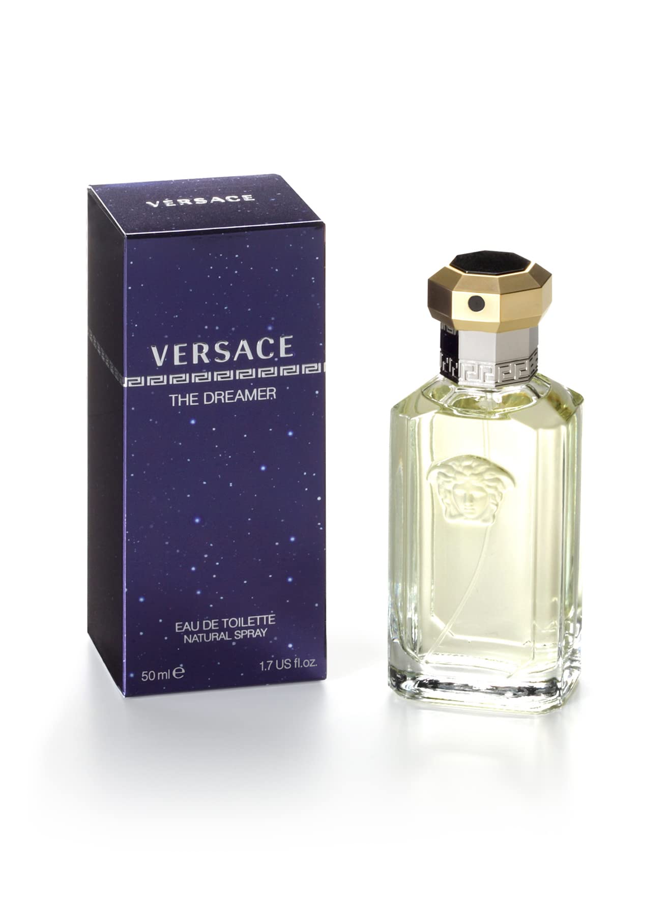 Versace Dreamer: frasco frontal con diseño icónico y sofisticado.