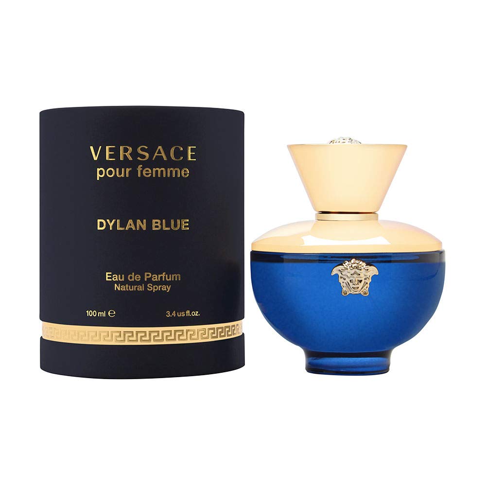 Versace Dylan Blue Pour Femme, botella en detalle, aroma elegante para el día