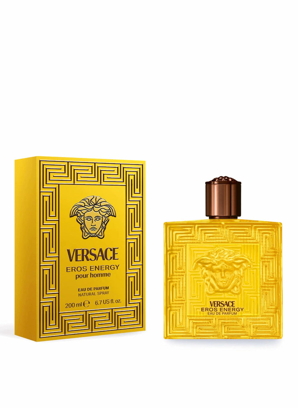 Versace Eros Energy para Hombre, tapón bronce destacado, presentación premium nocturna.