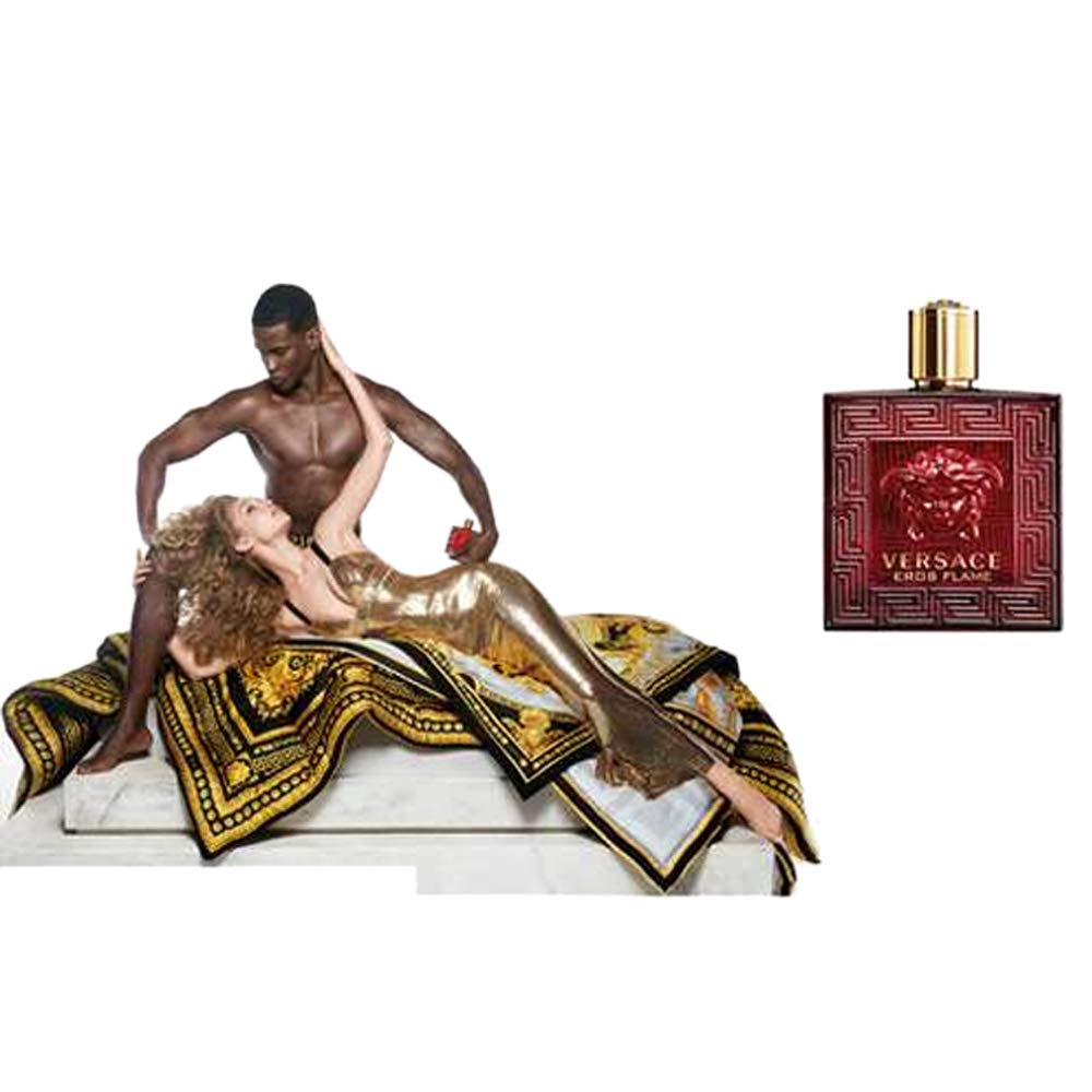 Versace Eros Flame: envase con serigrafía aporta detalle premium al uso diario.