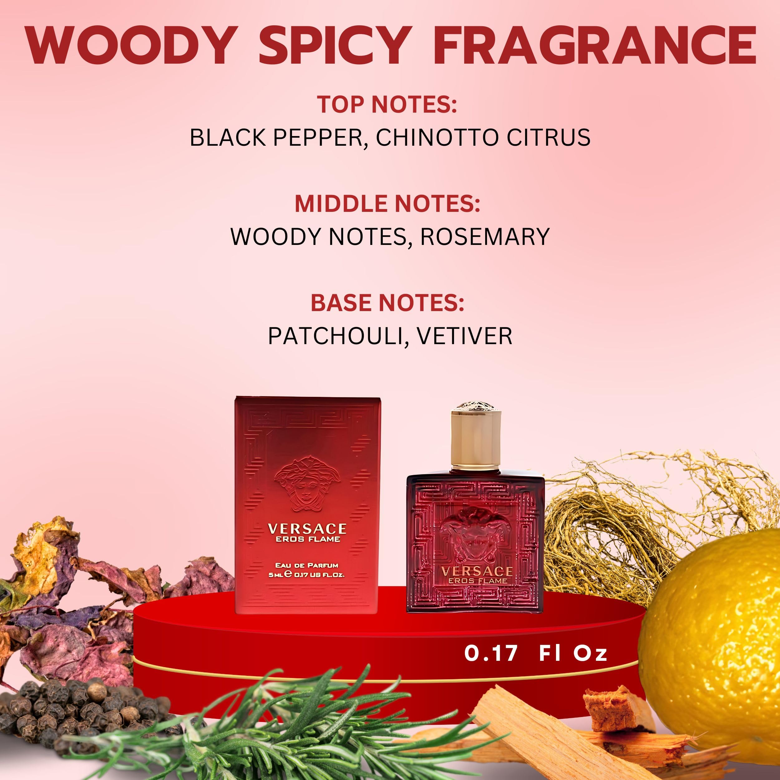 Notas vainilla y romero en Versace Eros Flame mini, sensación cálida y elegante.