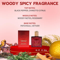 Notas vainilla y romero en Versace Eros Flame mini, sensación cálida y elegante.