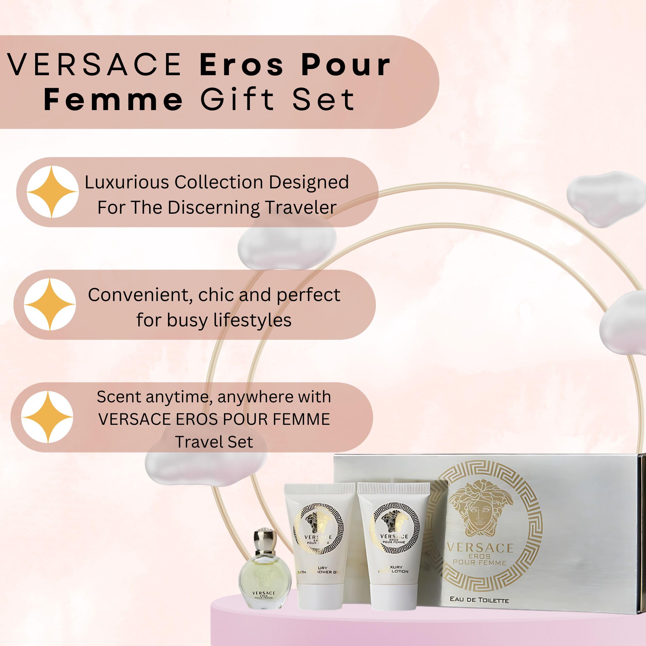 Presentación elegante Versace Eros Pour Femme, regalo ideal para mujer.
