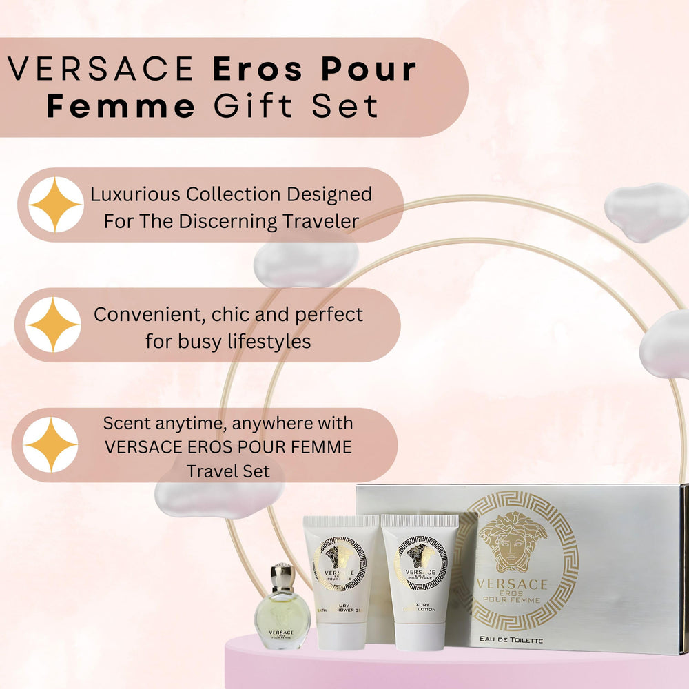 Presentación elegante Versace Eros Pour Femme, regalo ideal para mujer.