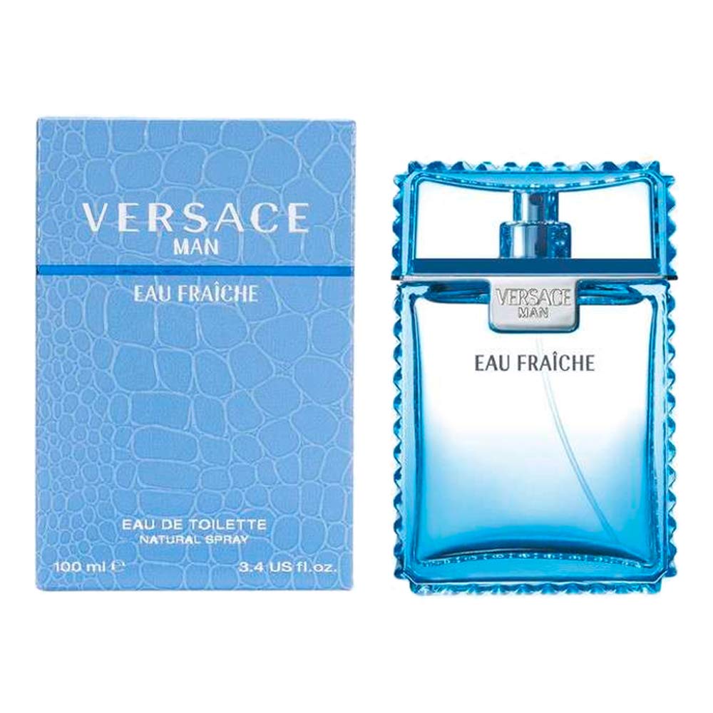 Versace Man Eau Fraiche, vista frontal de la botella, ideal para uso diario elegante.