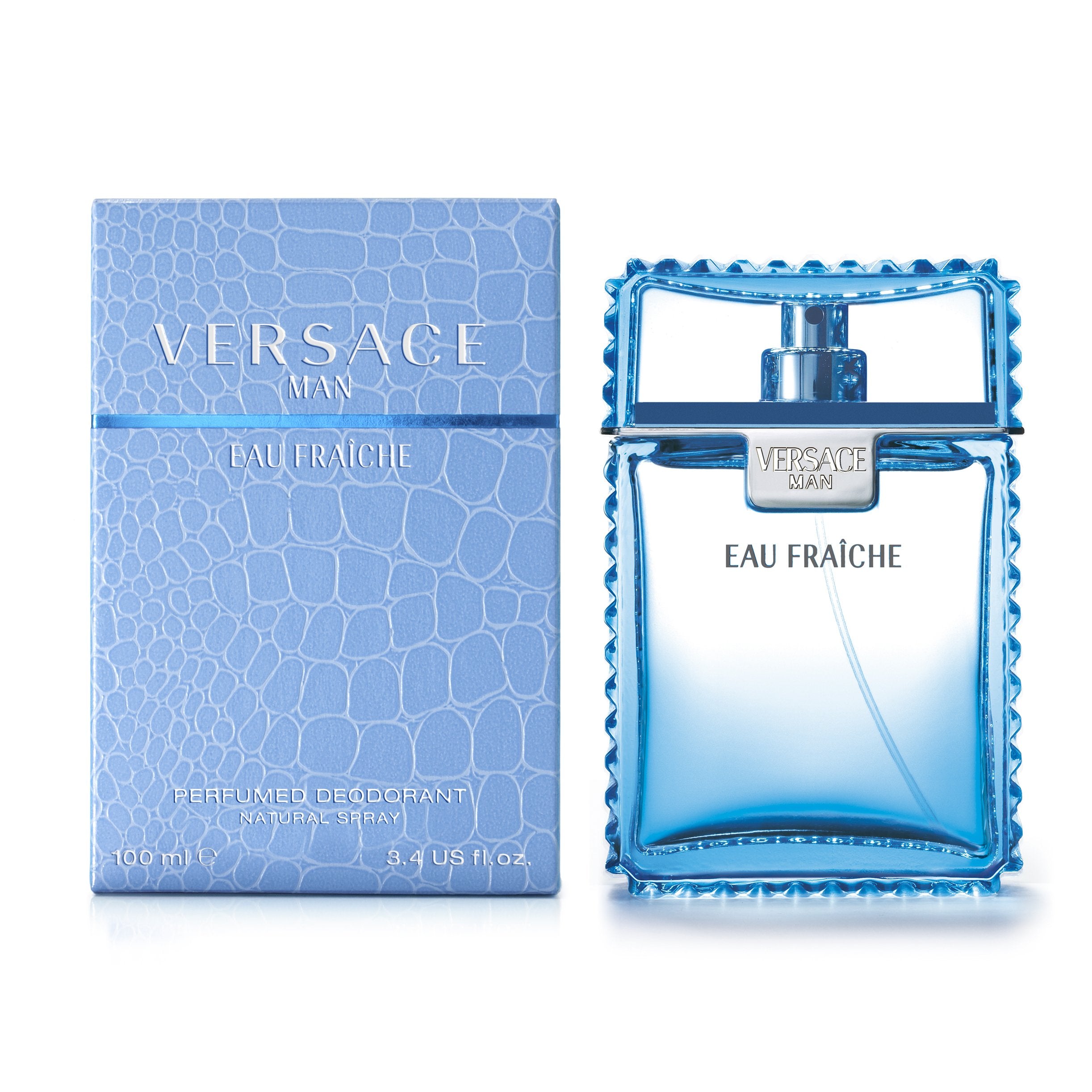 Versace Man Eau Fraiche frasco detalle, etiqueta clara y diseño elegante