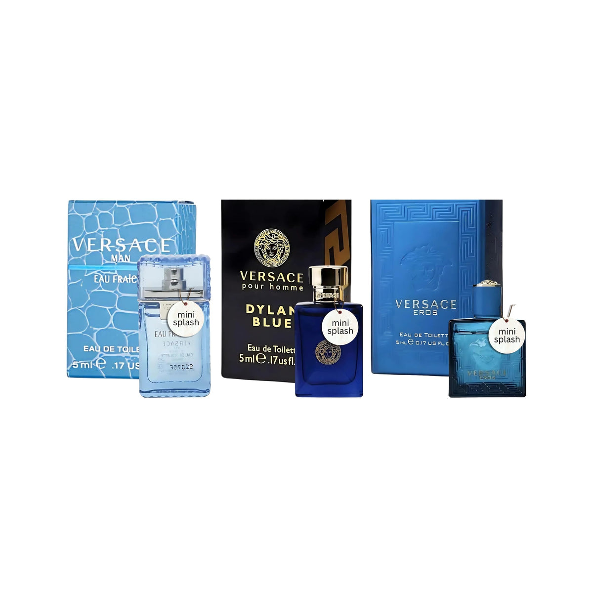 Versace mini-trío regalo para hombres, vista frontal de la caja, ideal como regalo de lujo.