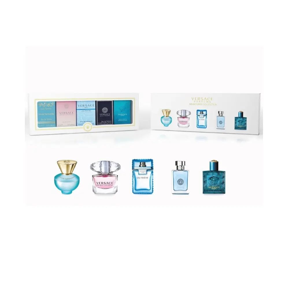 Versace colección en miniatura: botellas compactas para viajar y probar notas.