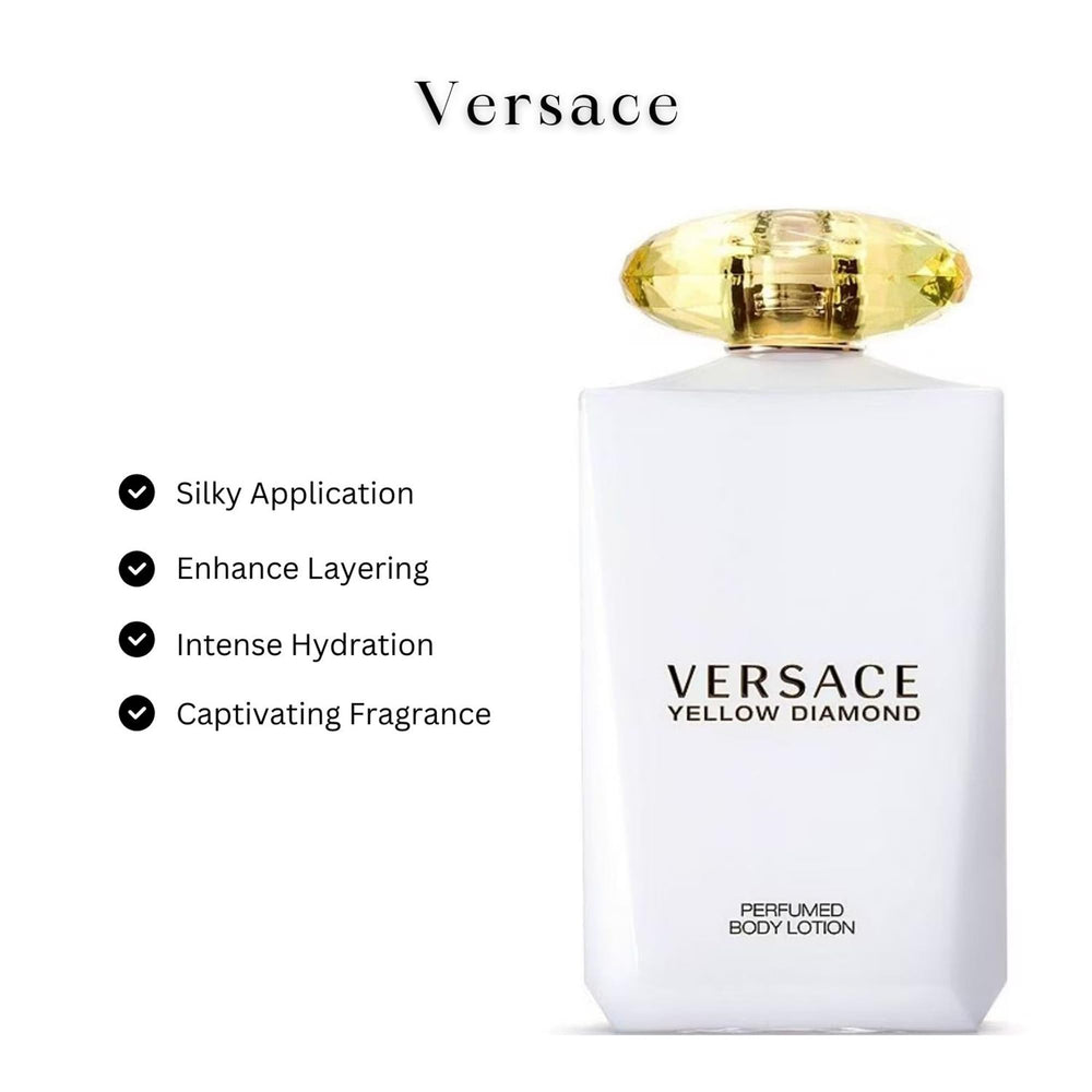 Versace Yellow Diamond loción, textura sedosa para piel nutrida.