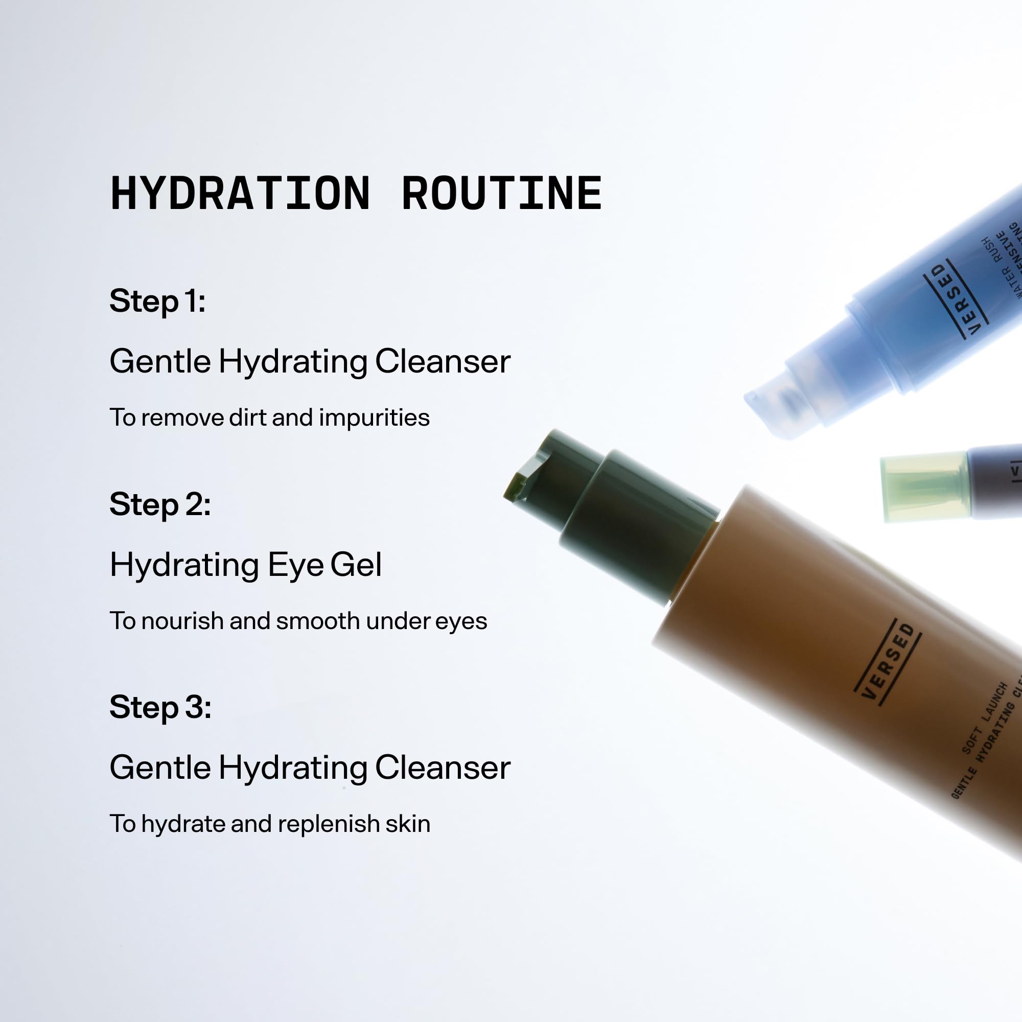 Versed recomienda doble limpieza suave para retirar impurezas sin irritar.