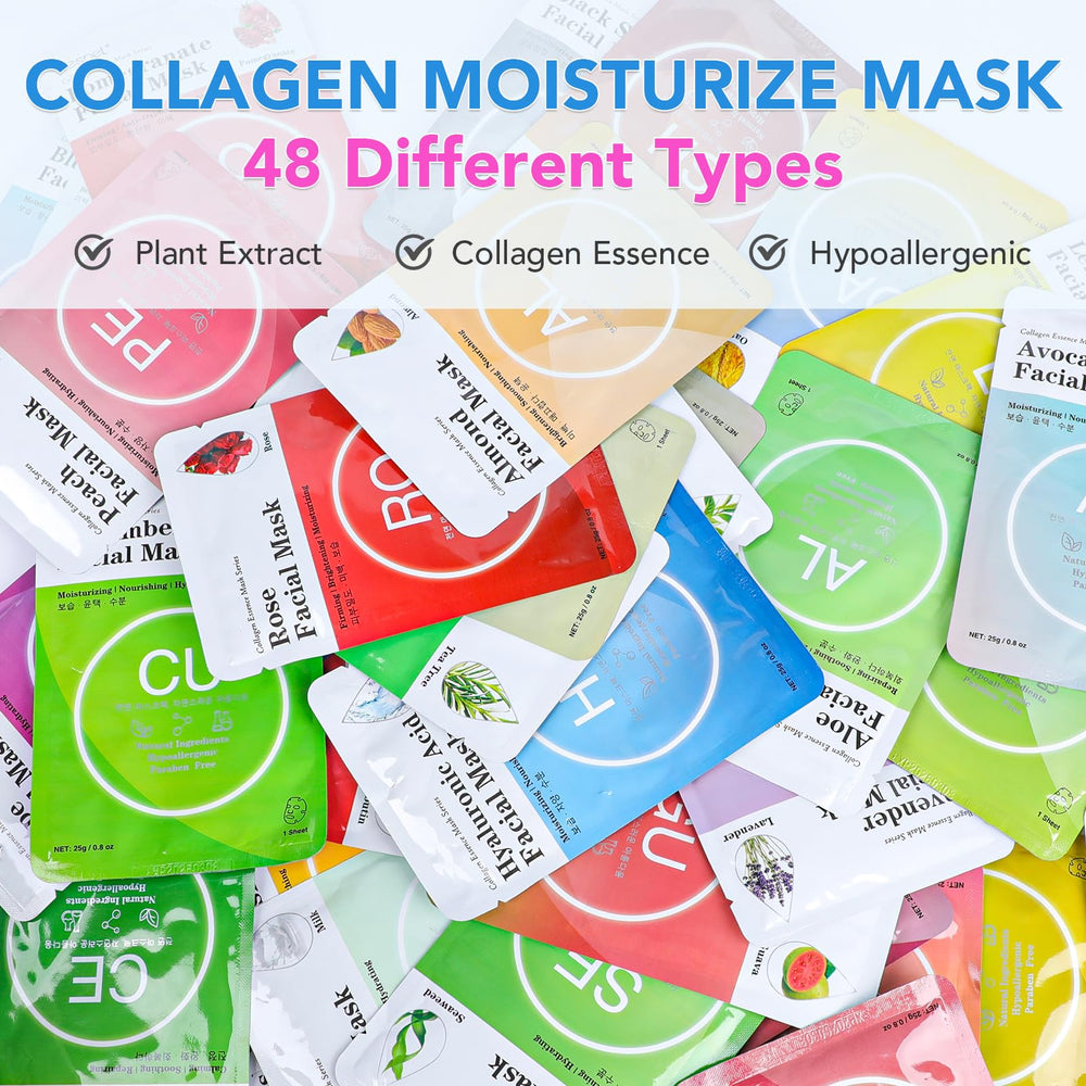 VESPRO Collagen Essence Sheet Mask 48-pack display shows bulk hydration-ready packaging.