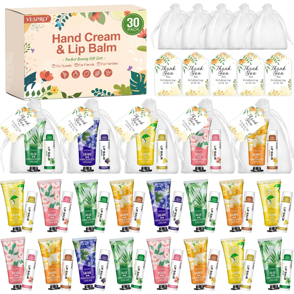 VESPRO ensemble crèmes mains et baumes lèvres – 30 pièces, parfait cadeau remerciement.