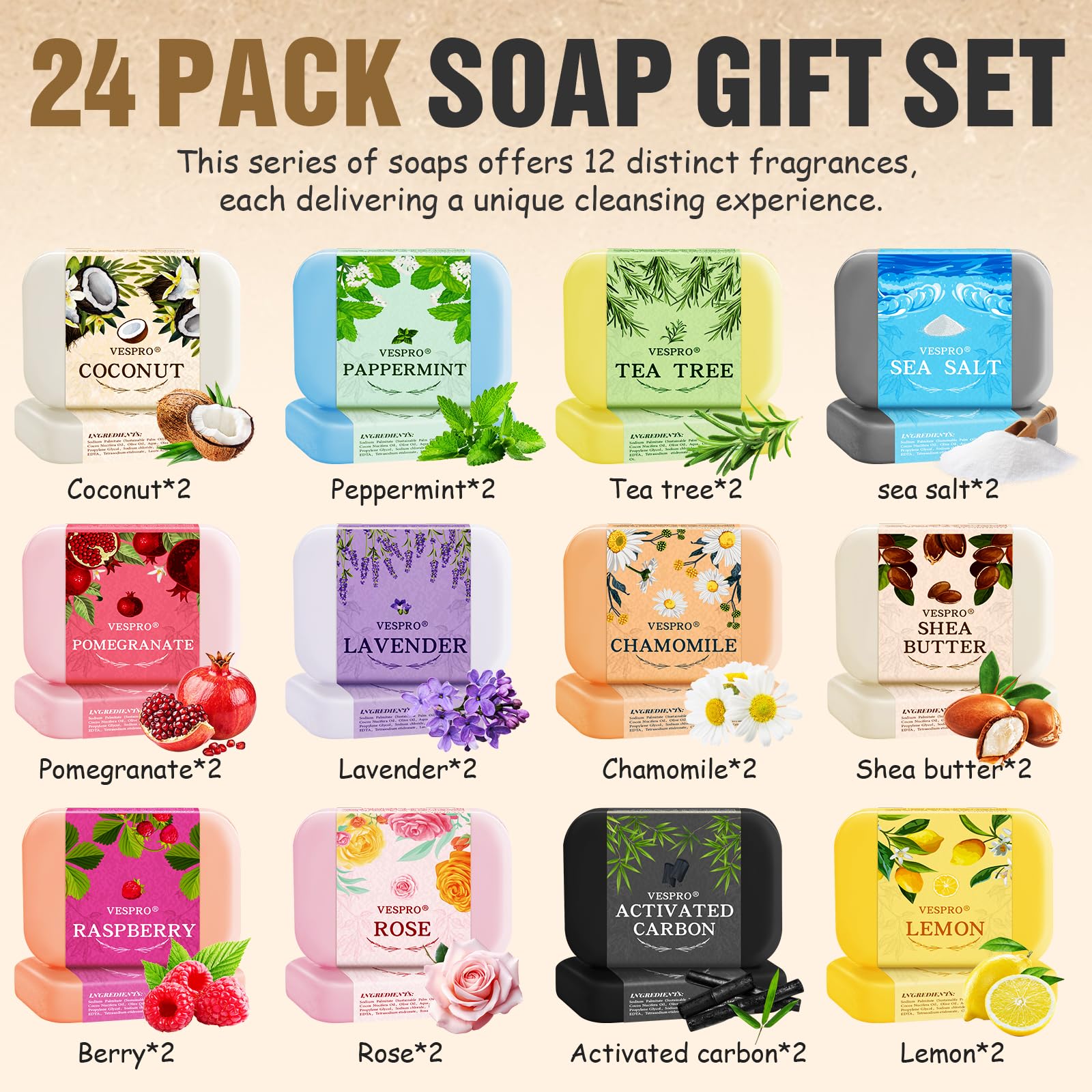 VESPRO jabon natural set regalo 24 barras carbón activado: limpieza profunda suave.