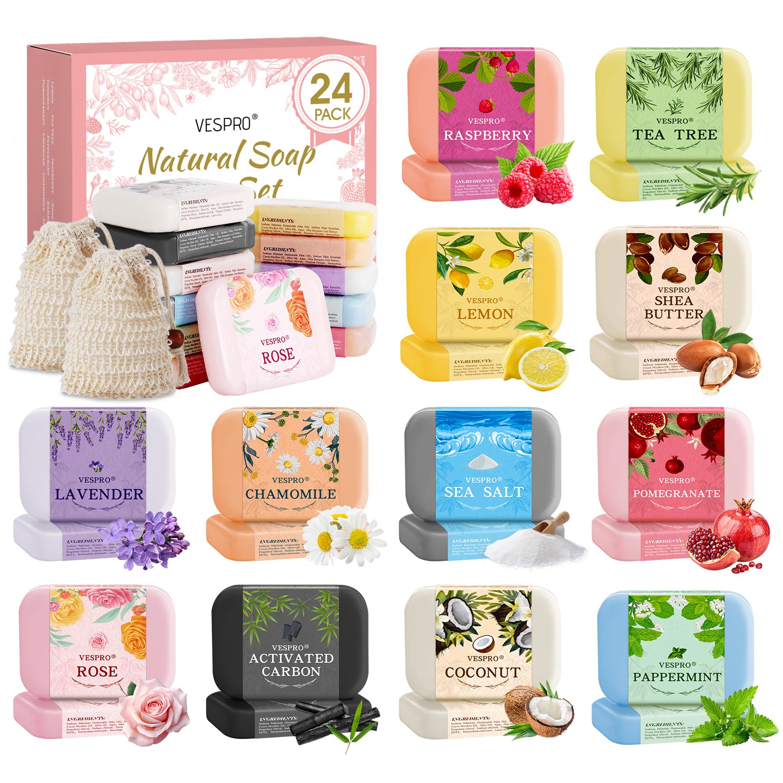 VESPRO jabon natural set regalo 24 barras lavanda: aroma relajante para piel suave.