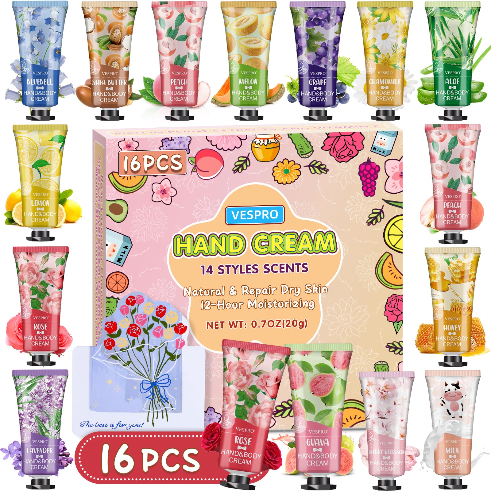 Conjunto Vespro de 16 cremas para manos con fragancias variadas para cada día.
