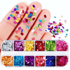 Vezocim glitter 3D 12 colores rectángulos, efecto holográfico para uñas llamativas.
