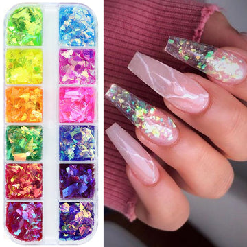 Vezocim lentes iridiscentes para uñas con brillo intenso y acabado multicolor.