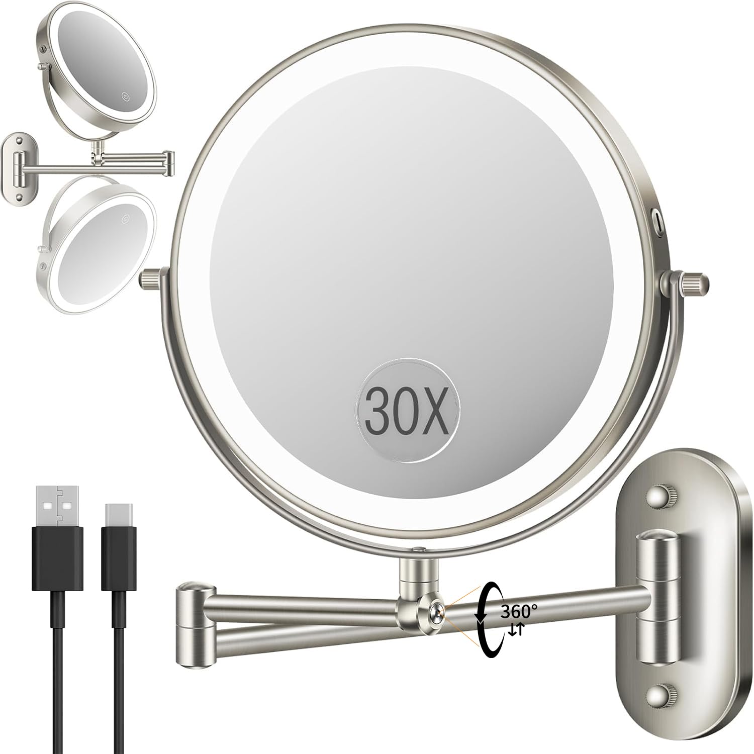 Espejo VFD iluminado 30X/1X para delinear ojos con precisión.