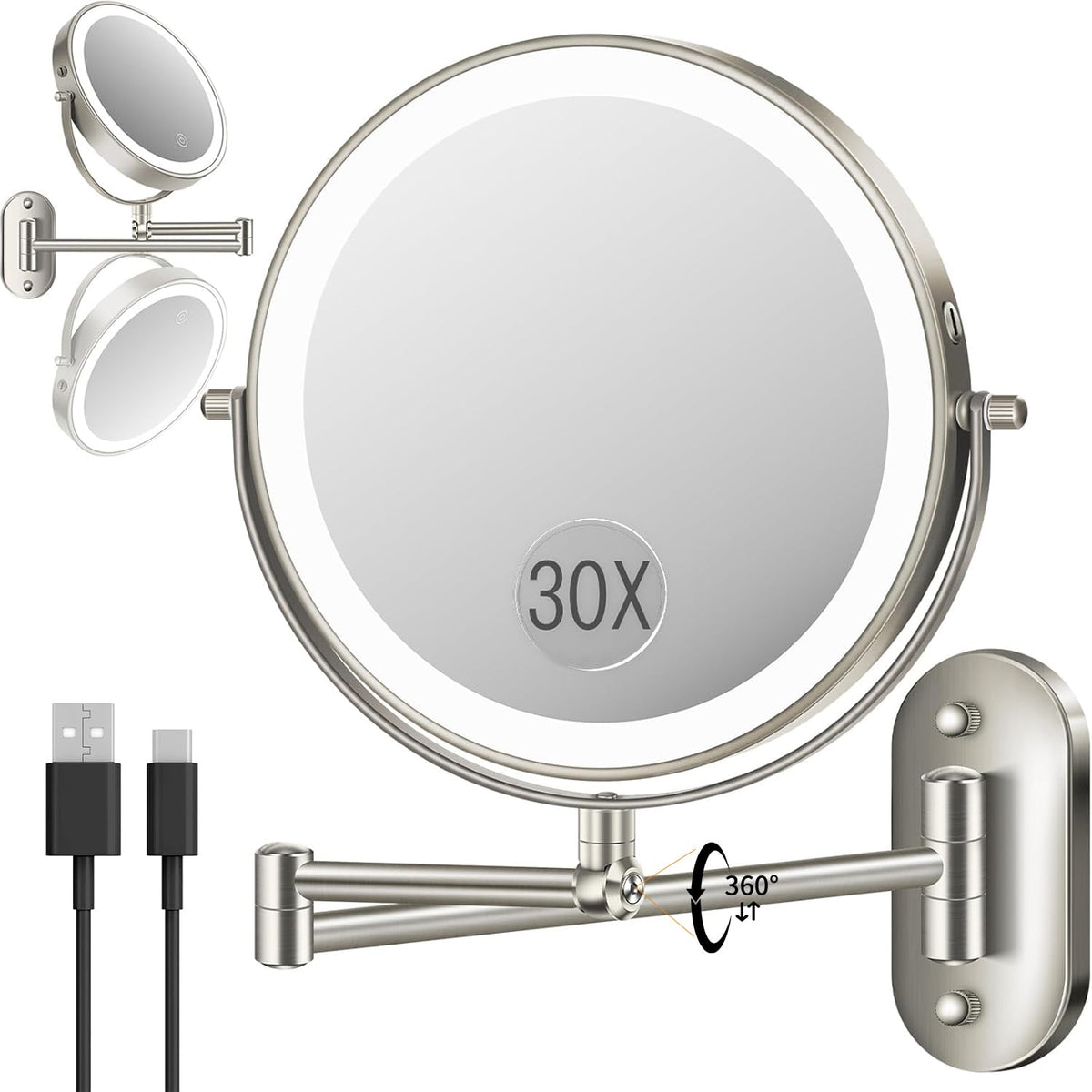 Espejo VFD iluminado 30X/1X para delinear ojos con precisión.
