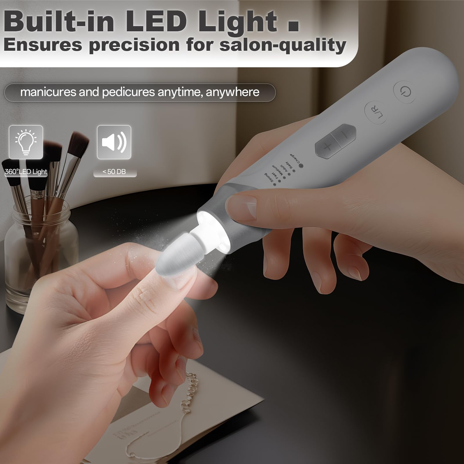VFD Lima eléctrica: cabezas de lijado y luz LED para visibilidad durante manicuras.