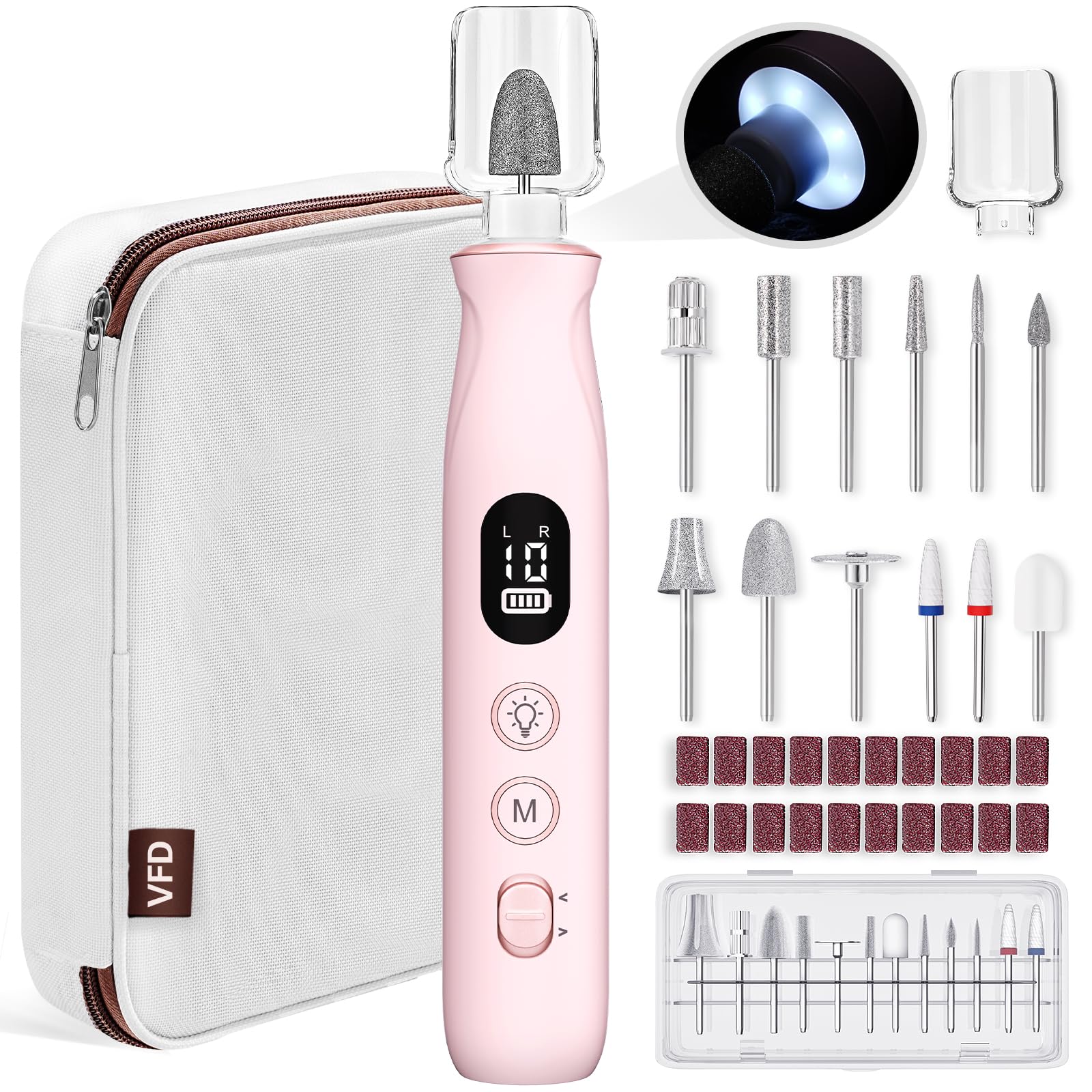 Taladro eléctrico VFD inalámbrico en rosa para manicura y pedicura sin cables.