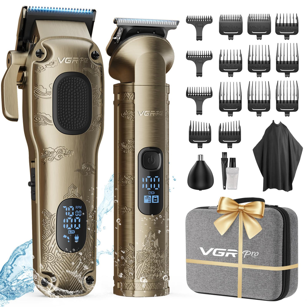 Cortapelos profesional VGRPRO en mano con diseño ergonómico para uso cómodo.