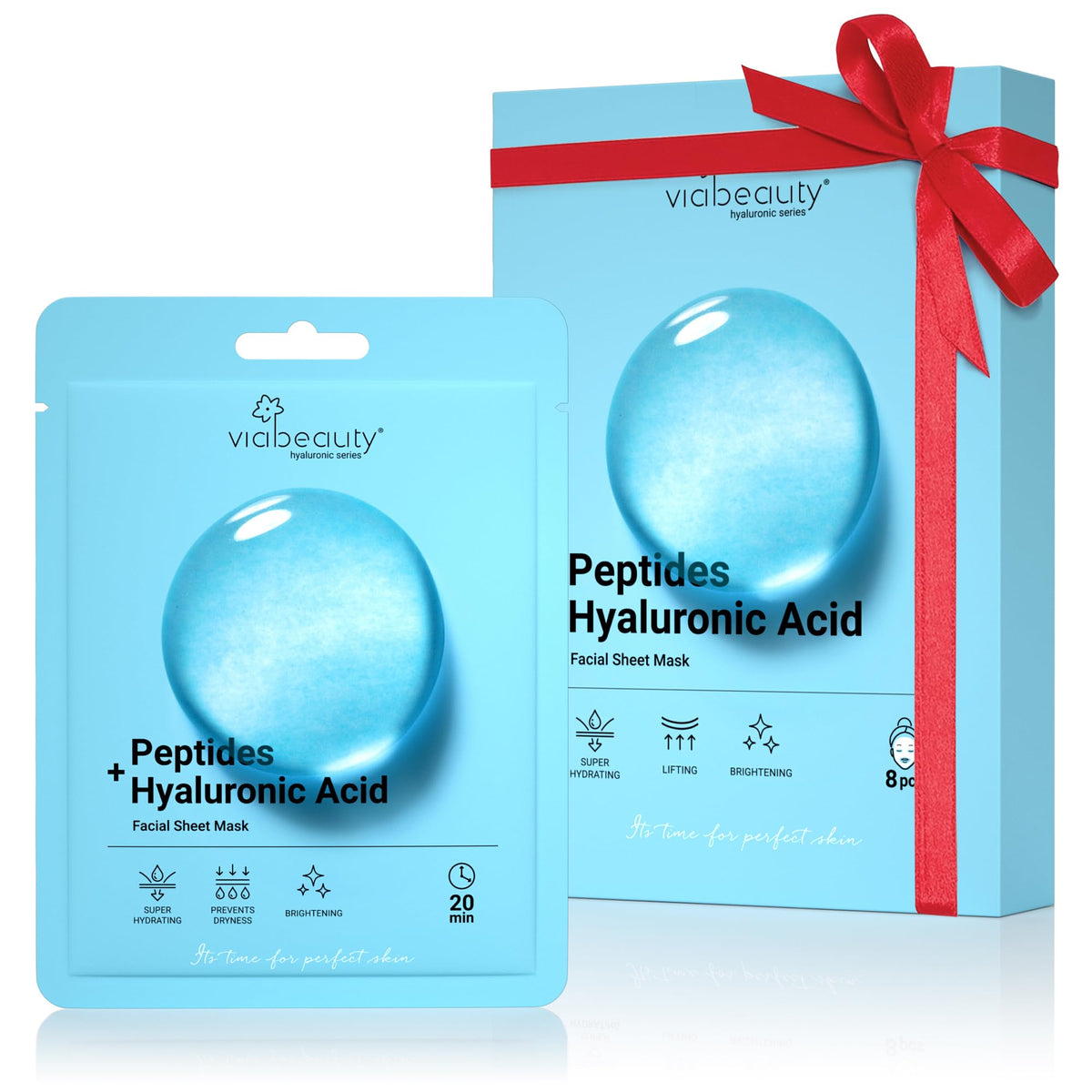 VIABEAUTY 8-pack mascarillas hialurónico y péptidos para hidratación profunda