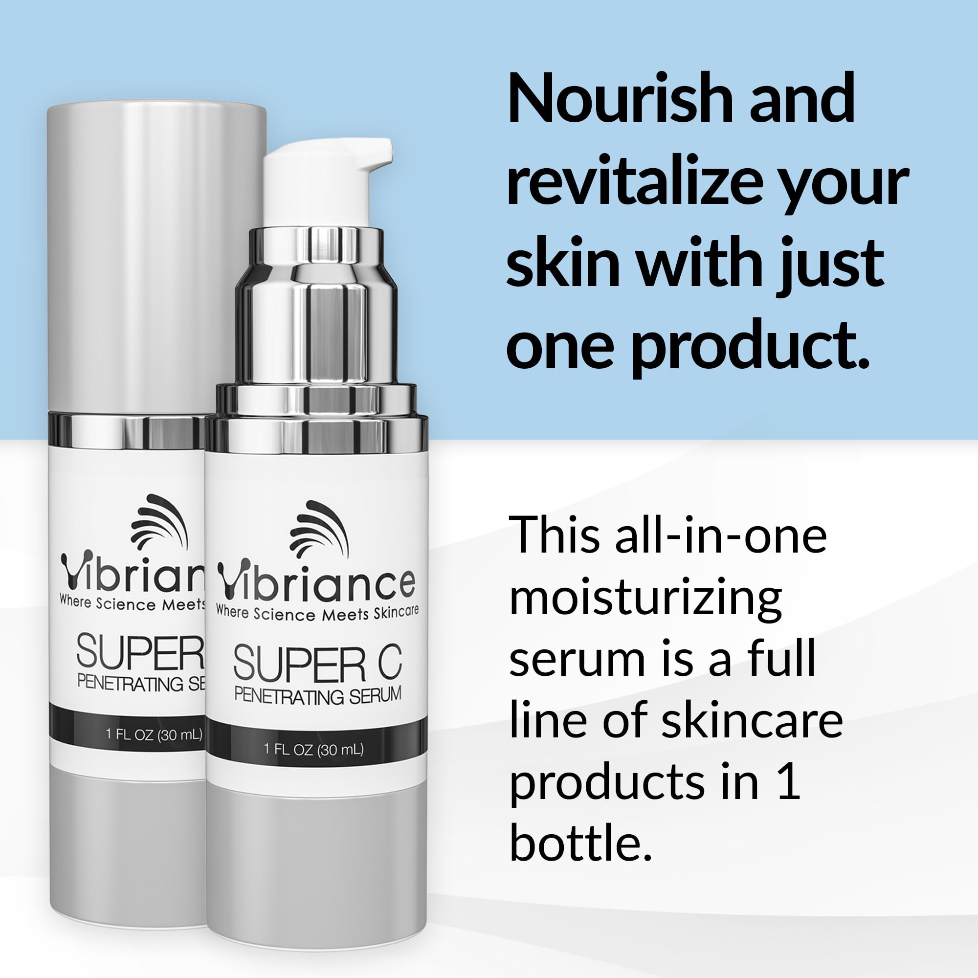 Frasco de Vibriance Super C Serum con tapa cerrada, fórmula concentrada para uso diario.