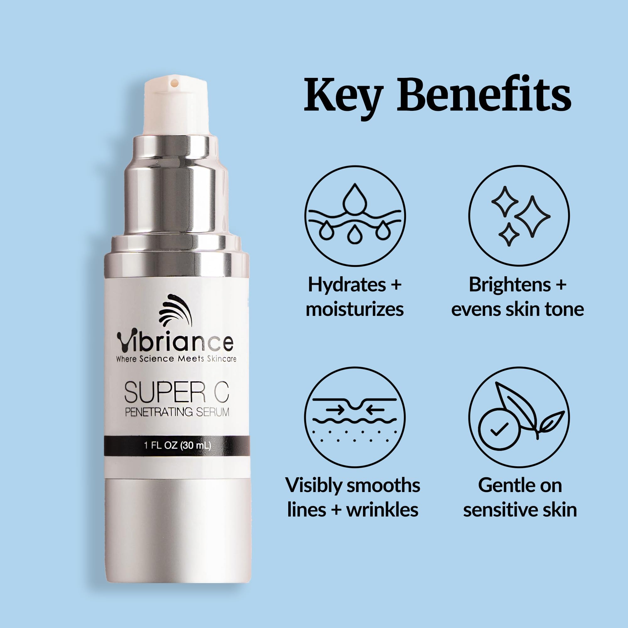 Vibriance Super C Serum: manos en uso para cuidado facial.
