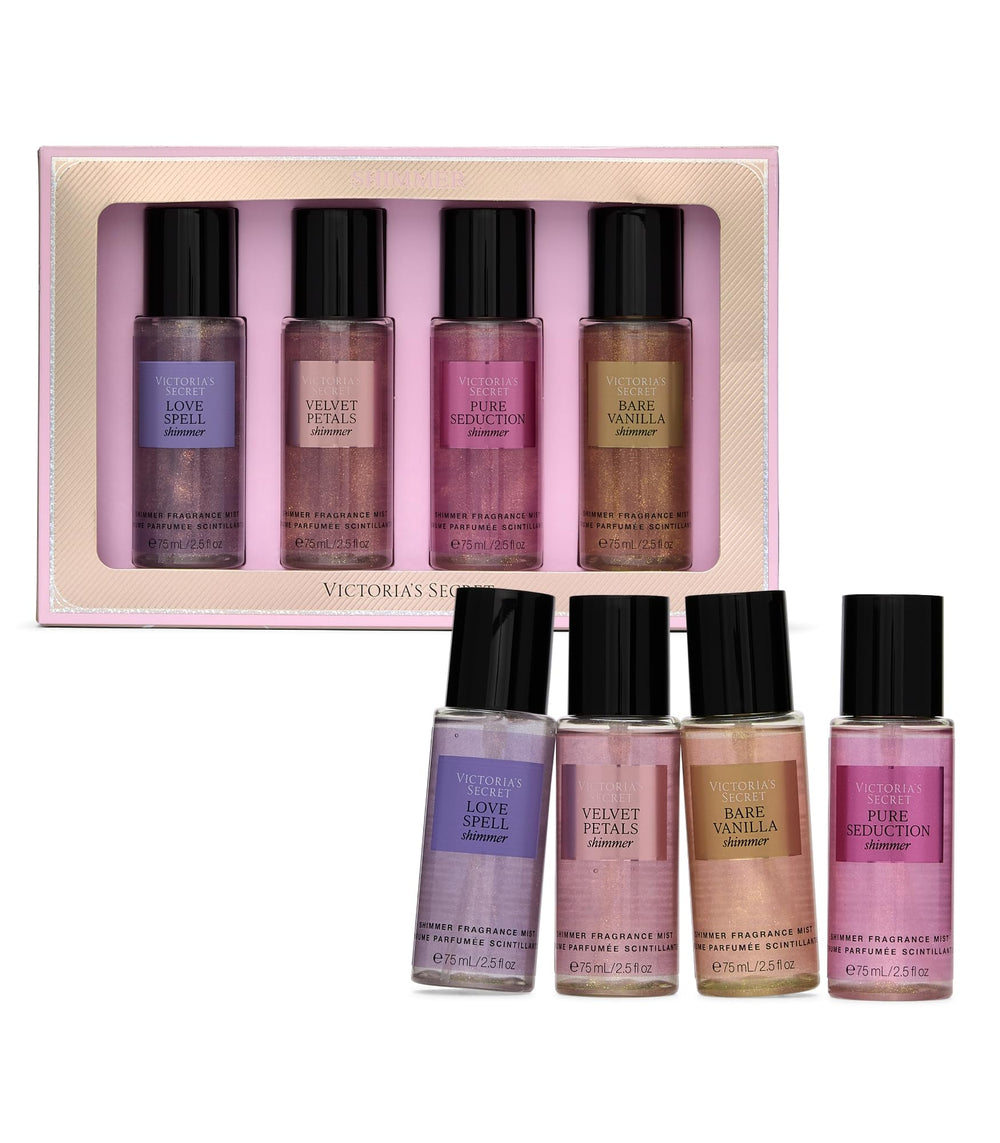 Victoria's Secret bruma fragancia petalos-terciopelo, botella para uso diario y brillo sutil.