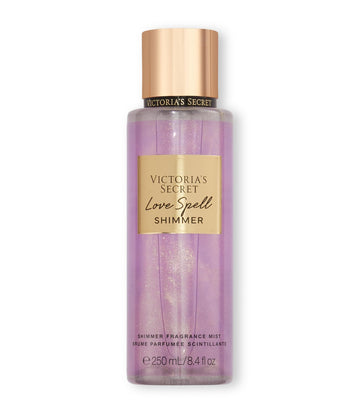 Victoria's Secret Love Spell bruma brillo en frasco, aroma floral suave para uso diario.