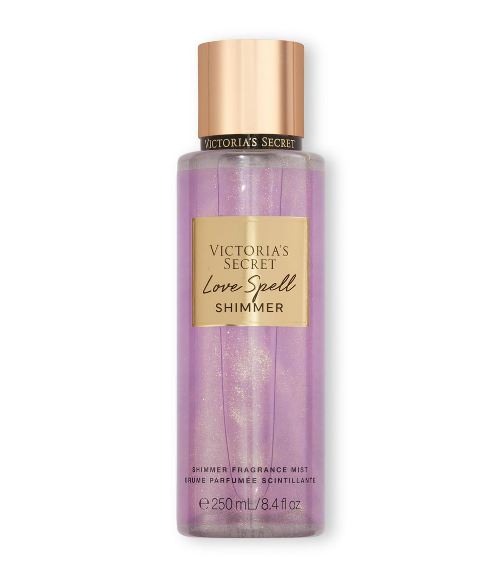 Victoria's Secret Love Spell bruma brillo en frasco, aroma floral suave para uso diario.