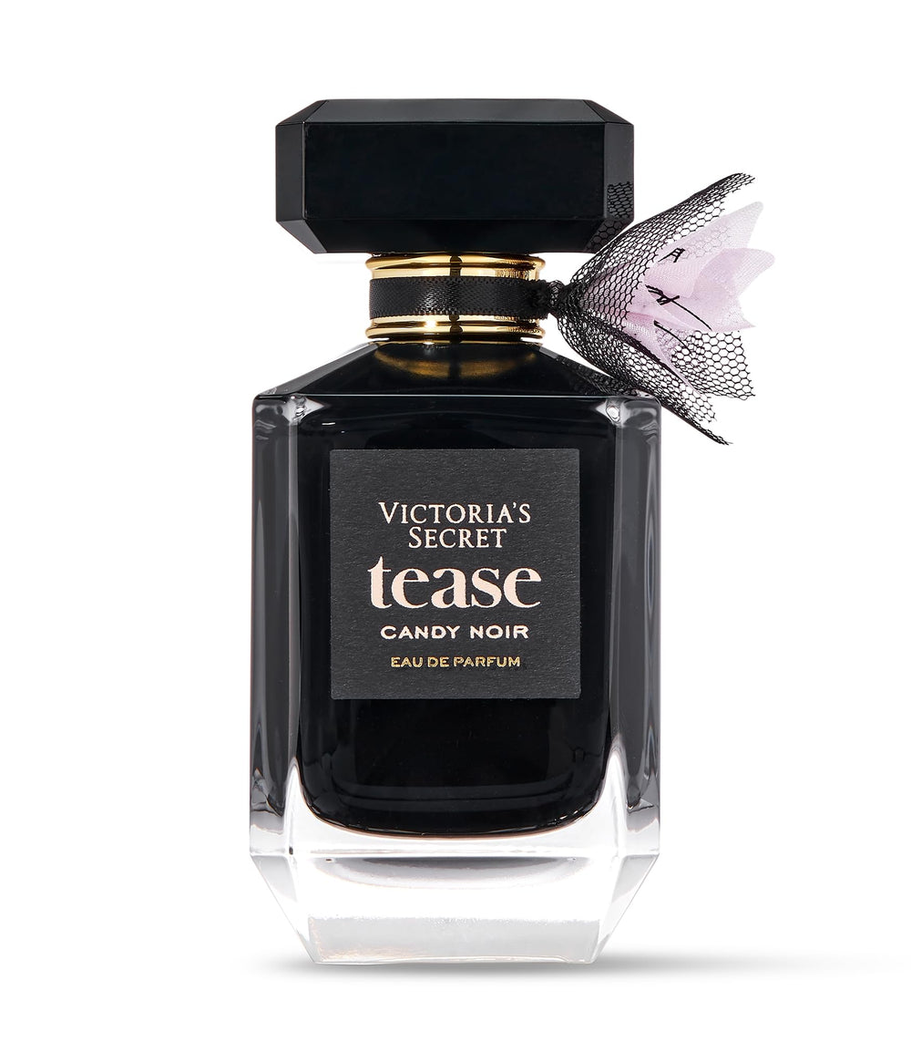 Victoria's Secret Tease Candy Noir, etiqueta en primer plano, lujo y sofisticación.