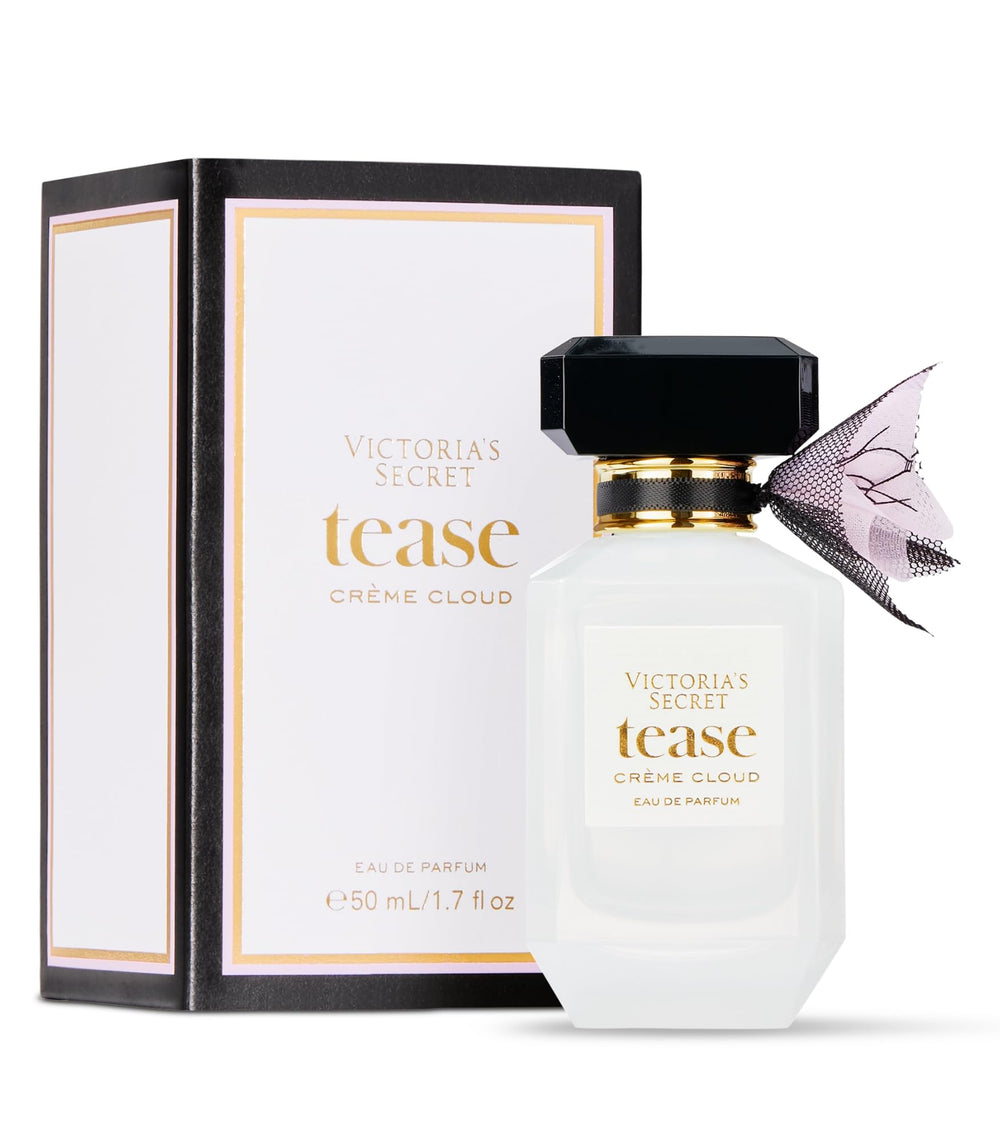 Victoria's Secret Tease Crème Cloud bottle close-up highlights vanilla note for evening allure.