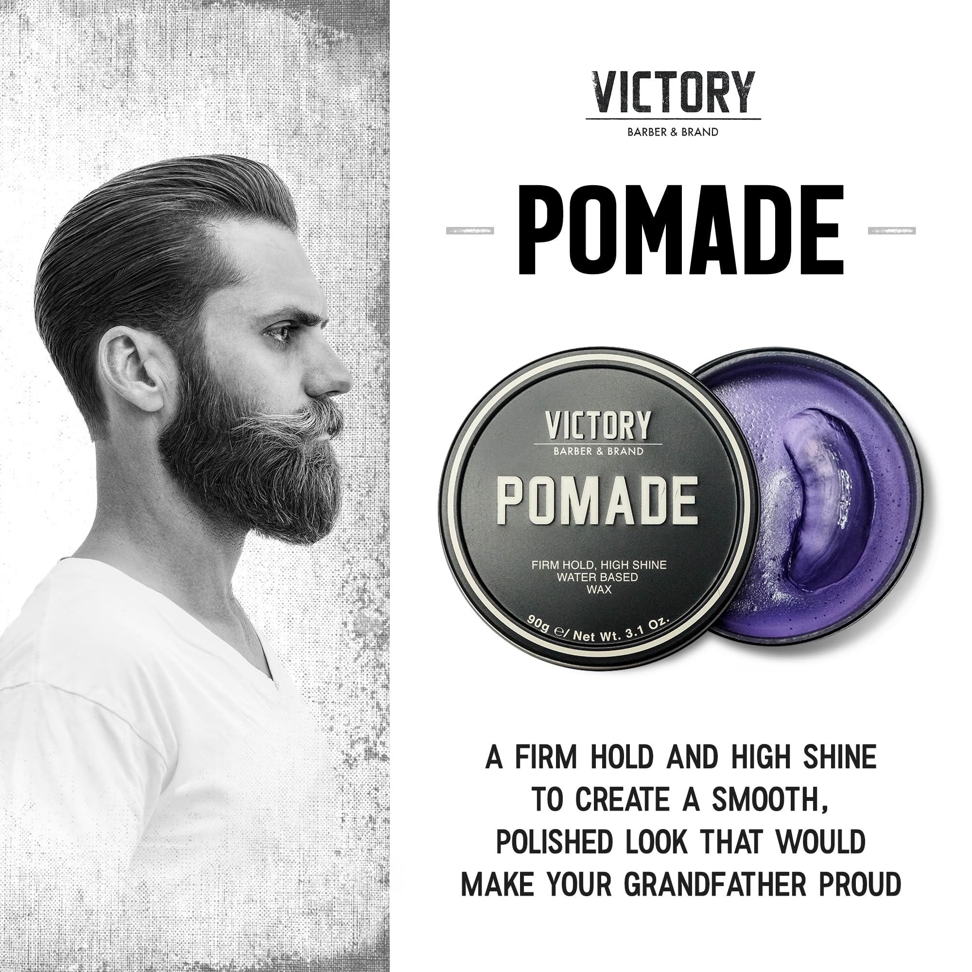 Pomada Victory Barber & Brand con fijación fuerte para peinados definidos.