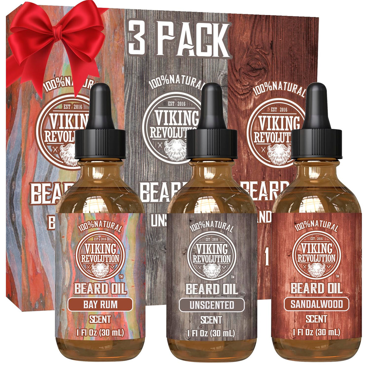 Viking Revolution Aceite para barba sándalo, botella en uso para hidratación.