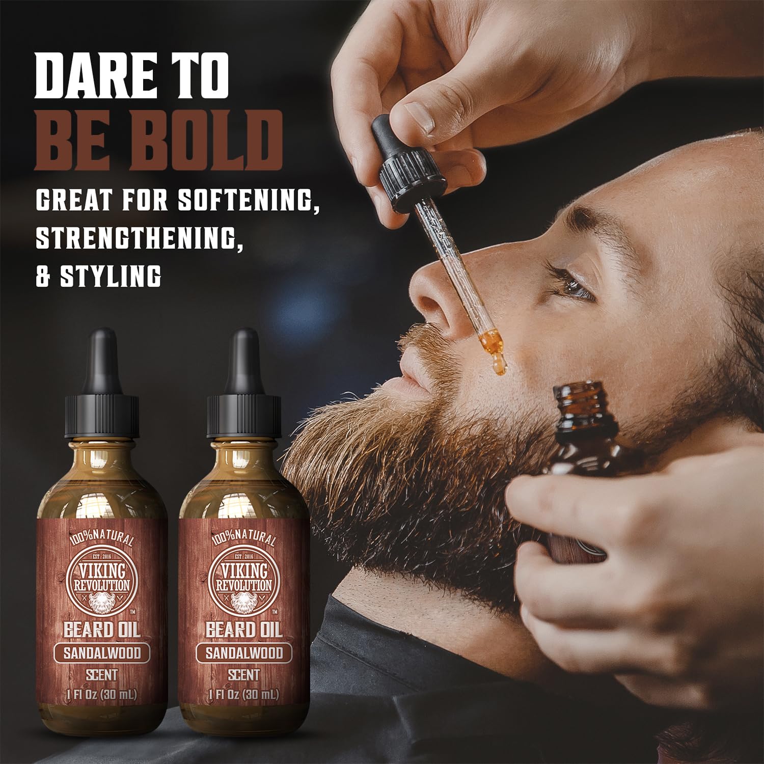 Aplicación diaria del aceite Viking Revolution con sándalo para barba.