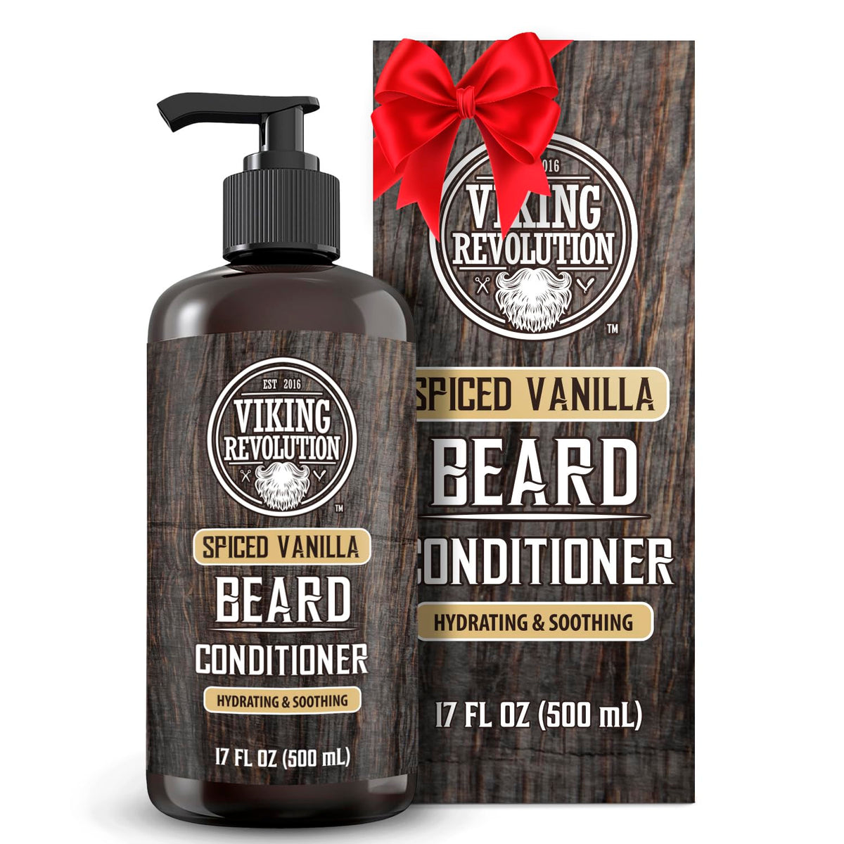Barba suave gracias al acondicionador Viking Revolution de vainilla, botella destacada para cuidado diario.
