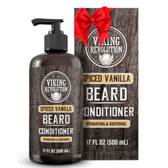 Barba suave gracias al acondicionador Viking Revolution de vainilla, botella destacada para cuidado diario.