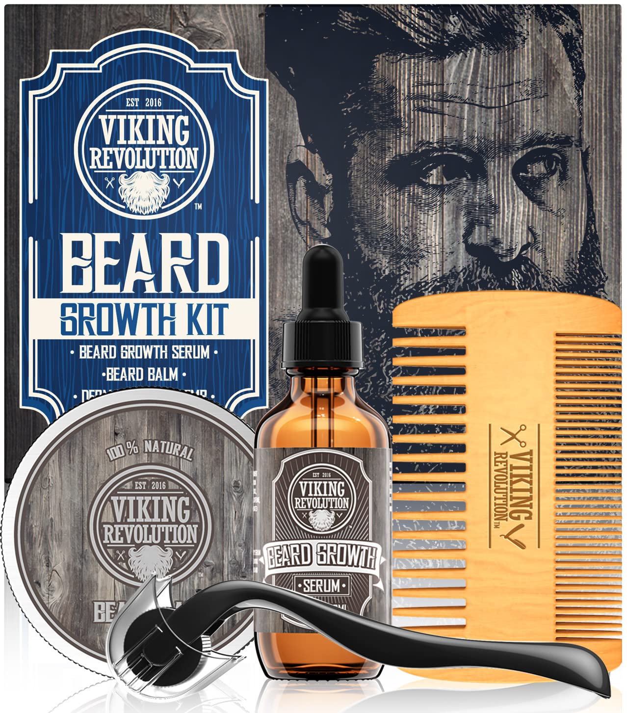Viking Revolution beard growth oil bottle conditions and adds shine.