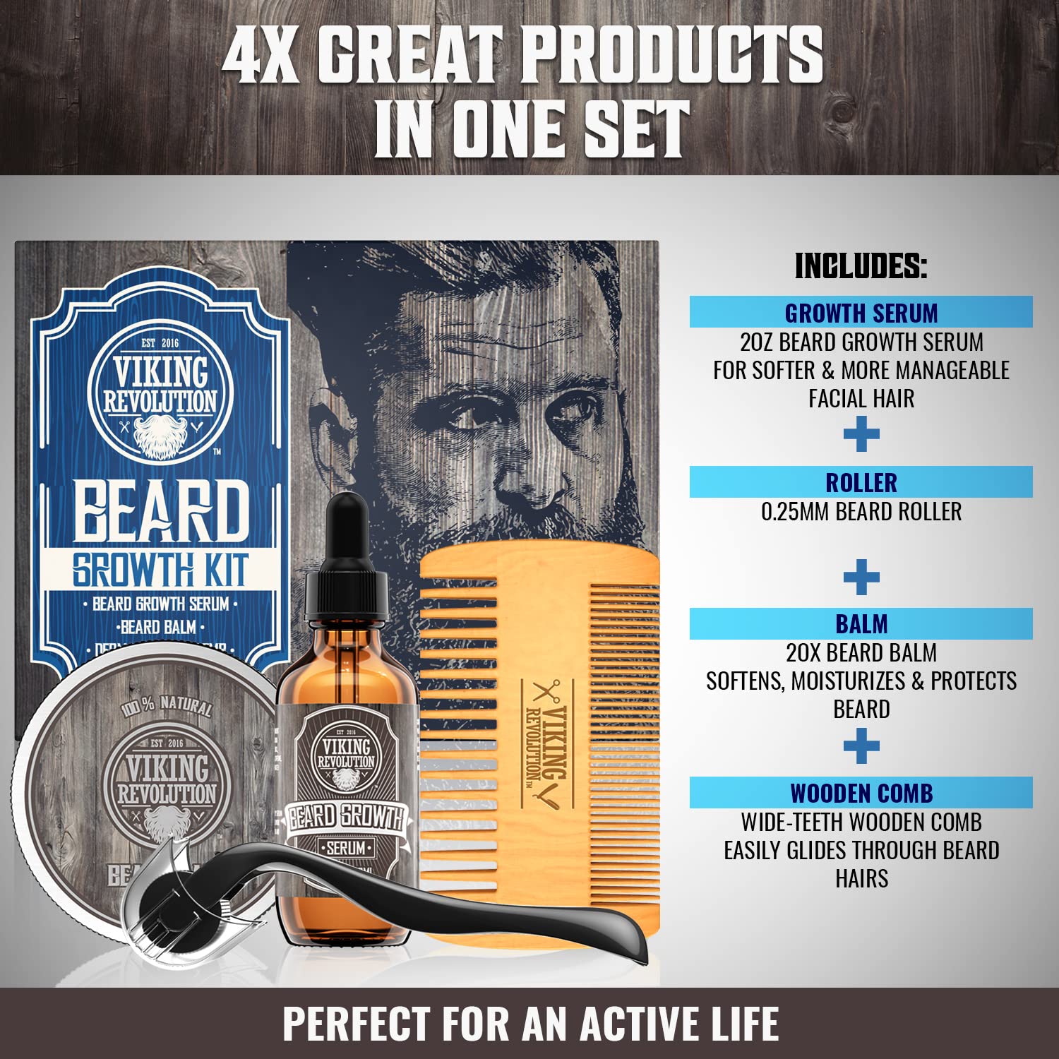 Viking Revolution beard growth serum bottle supports a healthier-looking beard.