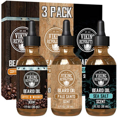 Viking Revolution beard oil Coffee & Whiskey three-pack on display, softening beard for daily confidence